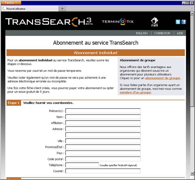 Formulaire d'abonnement d’un utilisateur individuel à TransSearch (seulement une partie est illustrée ici)