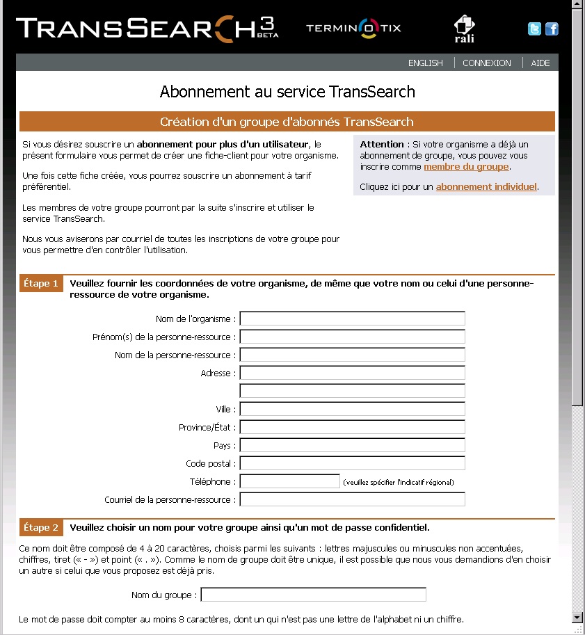 Formulaire d’abonnement d’un groupe à TransSearch (image partielle)